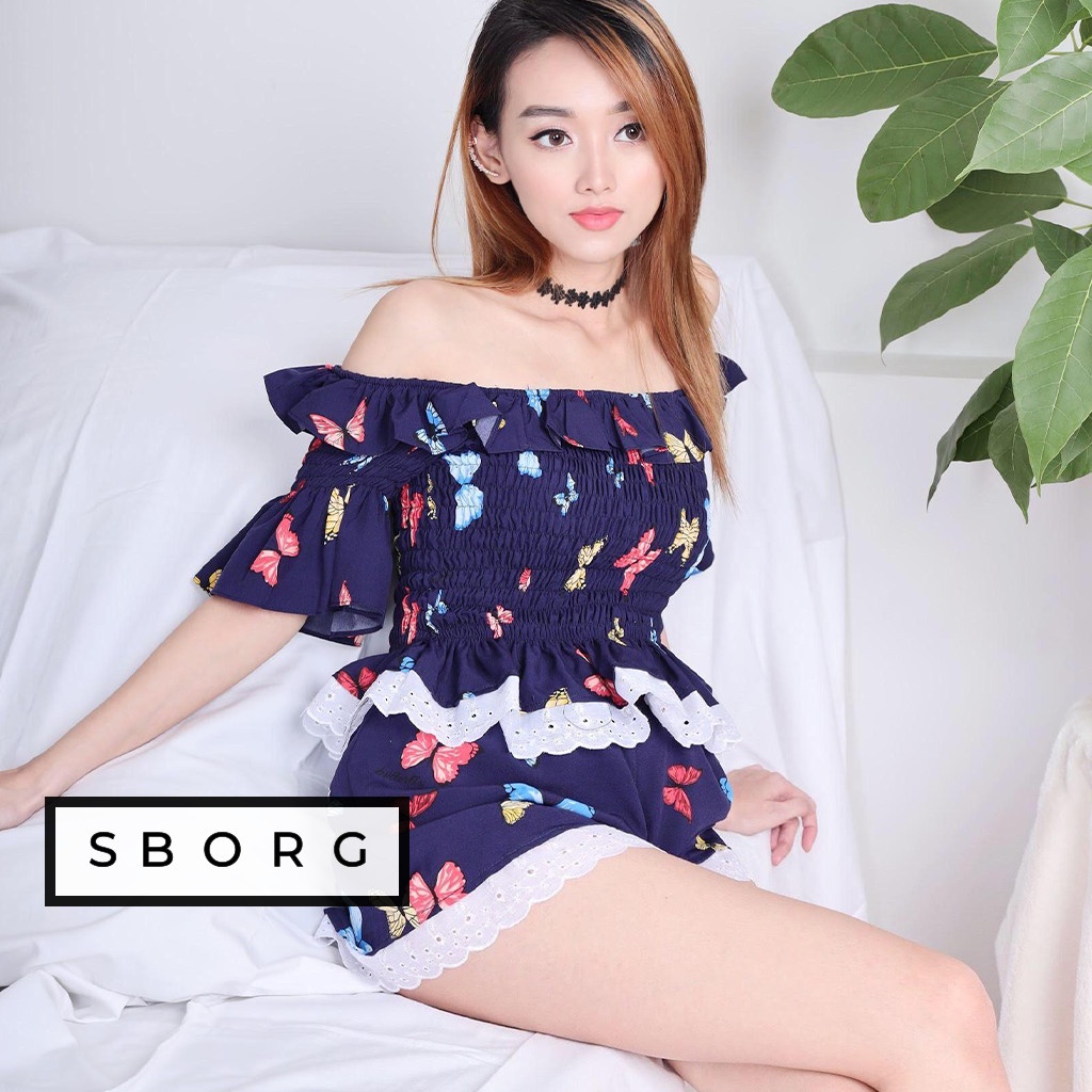 Bộ mặc nhà nữ SBORG đồ bộ lụa hàn áo dún chỉ trễ vai co giãn sexy quần đùi viền ren  cute freesize dưới 55kg quà tặng vợ