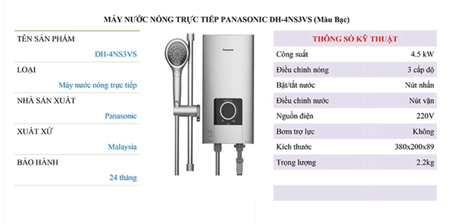 Máy nước nóng trực tiếp Panasonic DH-4NS3VS không bơm tăng áp