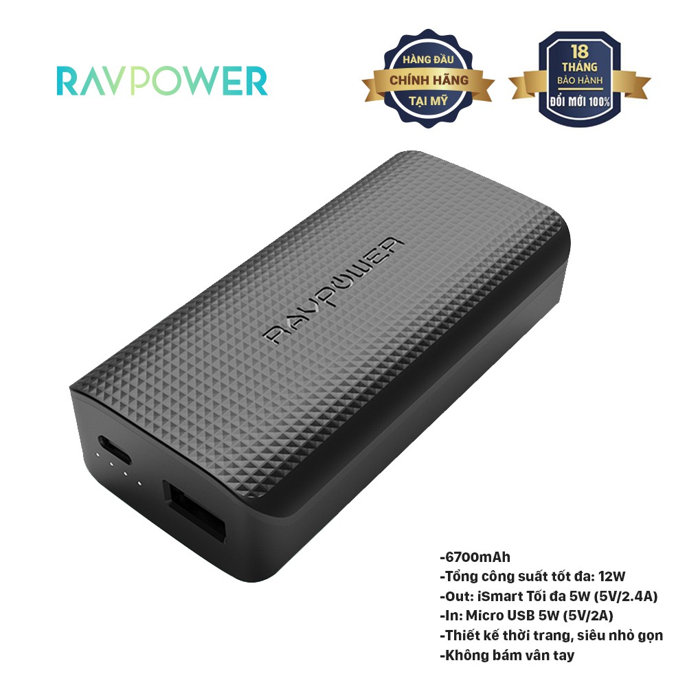 Pin Sạc Dự Phòng 6700mAh 12W iSmart, Thiết Kế Nhỏ Gọn, Đệm Cao Su RAVPower RP-PB132 - Hàng Chính Hãng