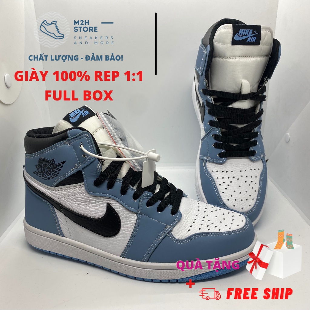 Giày Thể Thao Nam Nữ Sneaker Air Jordan 1 Cổ Cao Xanh "University Blue" Da Nỉ Cao Cấp Full Size 2022