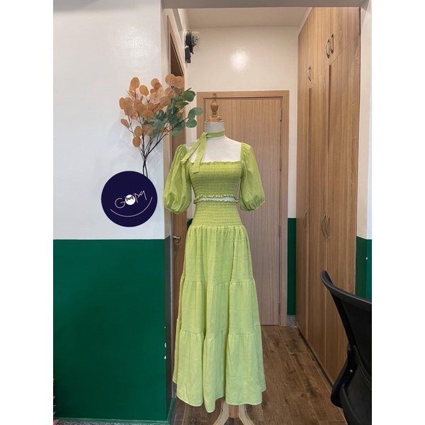 Đầm váy maxi xanh bơ xanh cốm đi biển đũi áo nhún xoè tay phồng set áo croptop tay bồng chân váy dài đi chơi đi biển