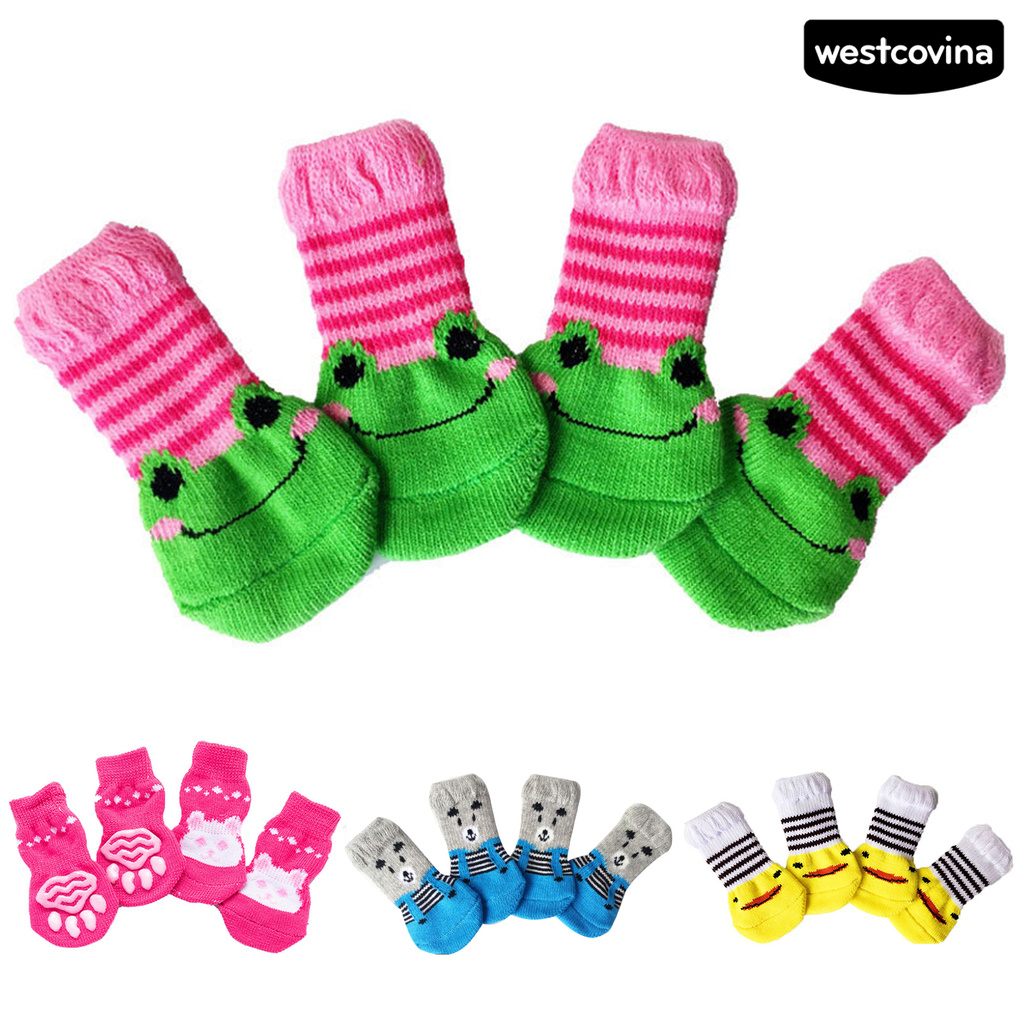 Bộ 4 Đôi Vớ Cotton Giữ Ấm Chống Trượt In Họa Tiết Hoạt Hình Cho Thú Cưng