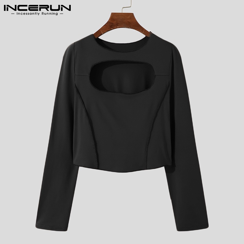 Áo thun INCERUN dáng ngắn co giãn khoét lỗ tay dài màu trơn đi chơi dành cho nam