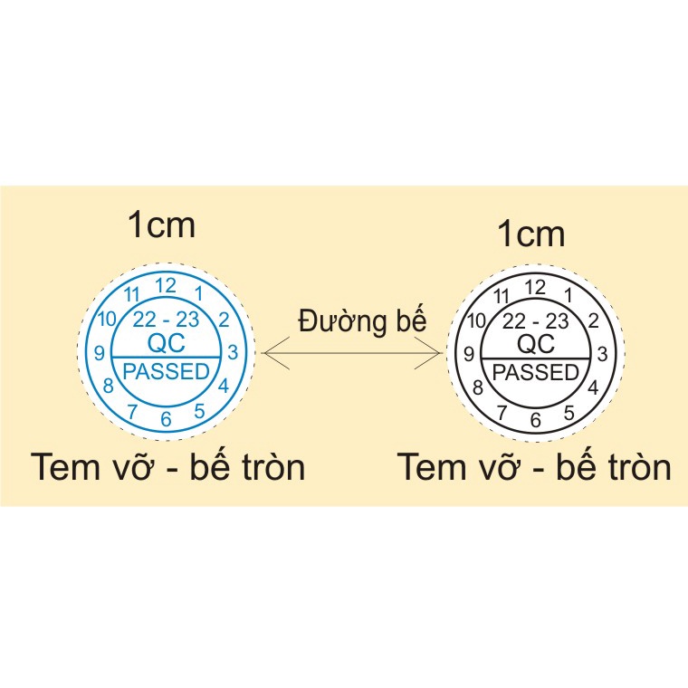 Tem Vỡ, Tem Bảo Hành, QC - Passed, kt 1x1cm, tròn - SL 450 tem - 50k - Tem niêm Phong - Decal vỡ