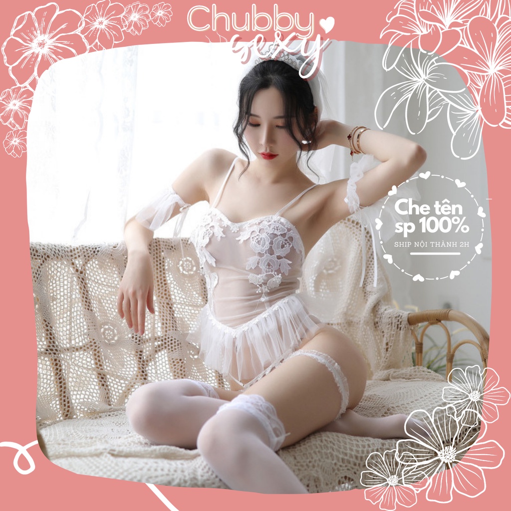Cosplay Cô Dâu Ngây Thơ Sexy - Đồ Ngủ Phong Cách Váy Cưới Trắng Kèm Màng Che Mặt Voan Khêu Gợi  - CPL42 - Chubby.Sexy