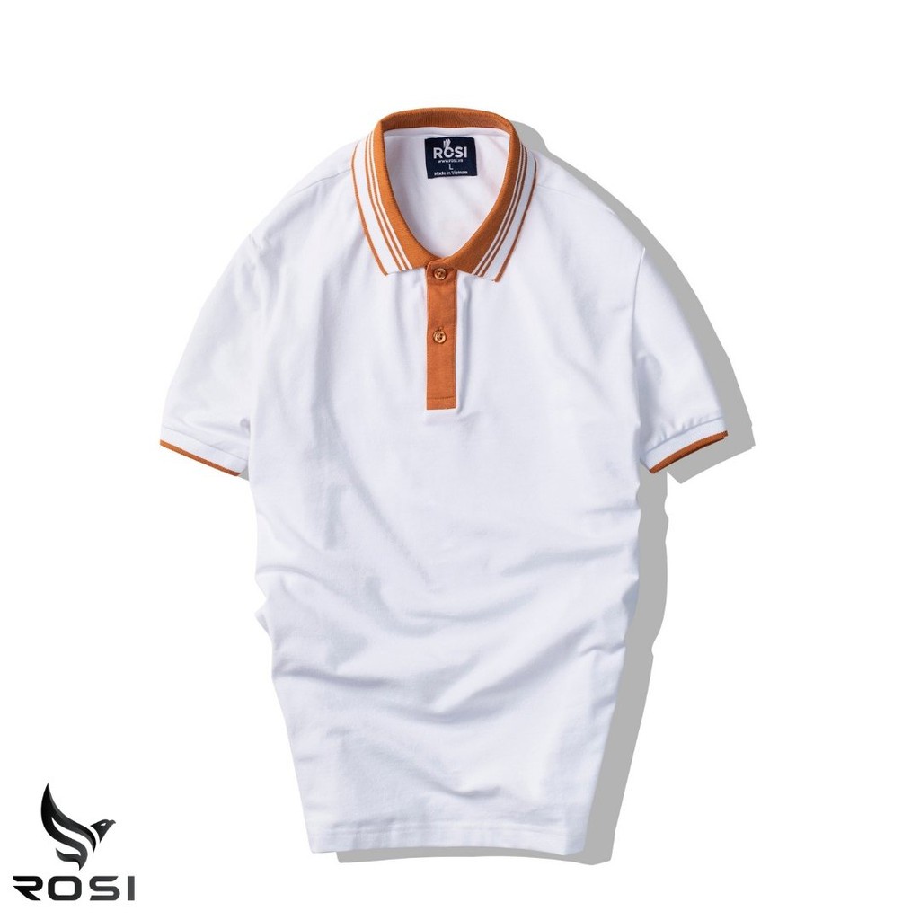 Áo thun nam cao cấp Rosi PL03 cổ polo tay bo ngắn,vải cotton cá sấu phối màu cam trắng,dáng ôm (Slimfit) trẻ trung. 🔥