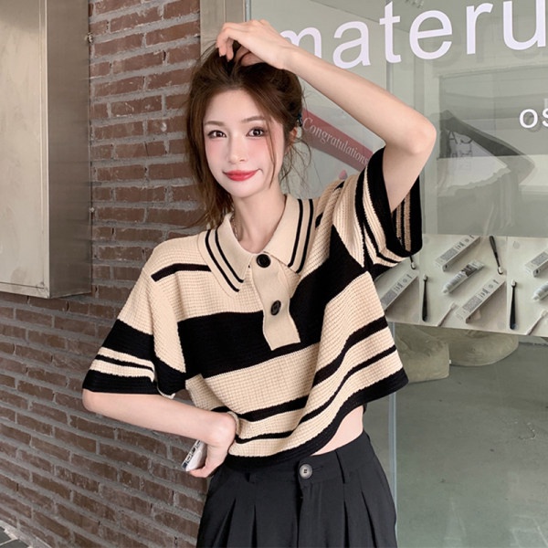 Áo Thun Dệt Kim Ngắn Dáng Rộng Họa Tiết Kẻ Sọc Thời Trang Mùa Hè Phong Cách Hàn Quốc Cho Nữ