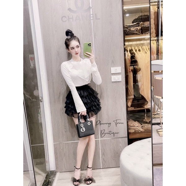 Set áo len cổ nơ + chân váy tầng