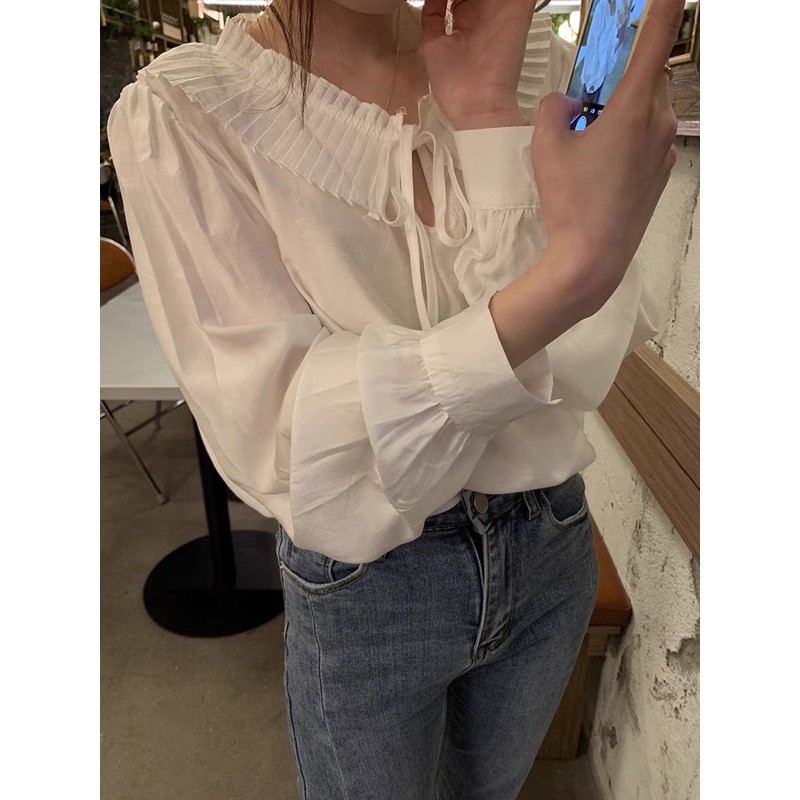 Áo sơ ki vintage trắng cột nơ