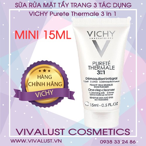 [Mini 15ml] Sữa Rửa Mặt VICHY Purete Thermale 3 in 1 One Step Cleanser 15ml - Rửa Mặt Tẩy Trang 3 Tác Dụng