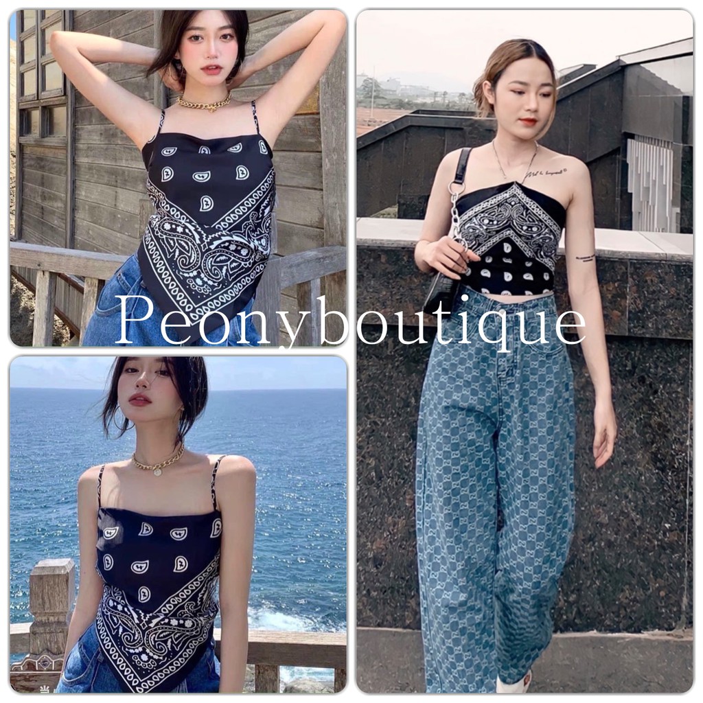 Áo 2 Dây Thổ Cẩm PEONYB Nữ [FREESHIP]  Thun họa tiết vintage thắt nơ lưng, body dáng ôm màu trắng đen cá tính Ulzzang