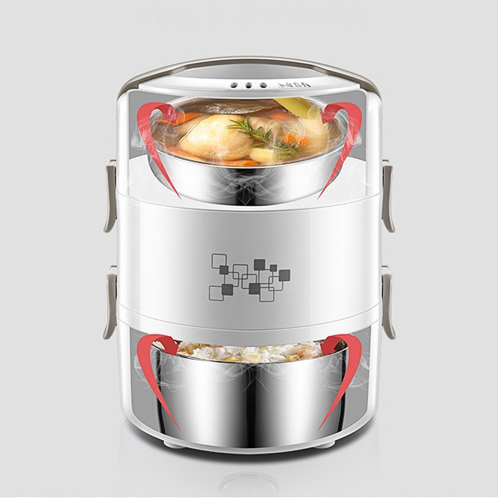 Hộp cơm hâm nóng - hộp cơm điện tiện lợi YOICE 3 TẦNG TRẮNG, khay inox không rỉ 270W-2 Lít
