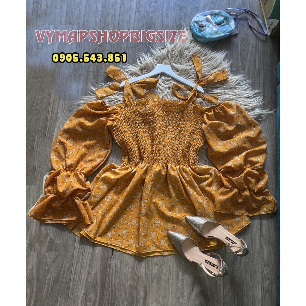 Đầm hoa cúc ulzzang tay bồng bigsize vai nơ 75-110kg