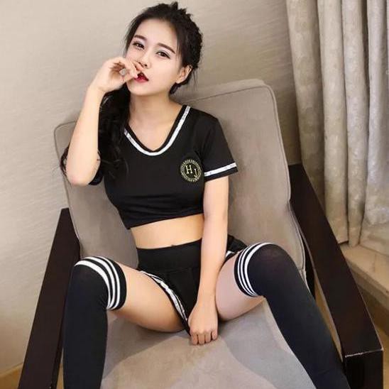 Bộ ngủ cosplay cổ động viên nữ - tenis - Po.Lice đen  - QUIN BEE