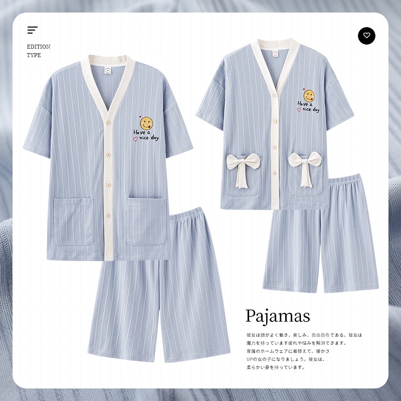 Bộ Đồ Ngủ cotton Tay Ngắn Dáng Rộng Phong Cách kimono Thời Trang Mùa Hè Dành Cho Cặp Đôi