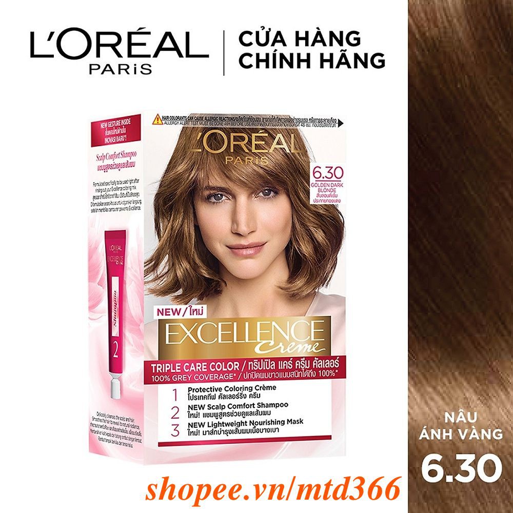 Thuốc Nhuộm Tóc Số 6.30 Nâu Ánh Vàng Loreal Excellence Cream 172ml Dưỡng Tóc Phủ Bạc.