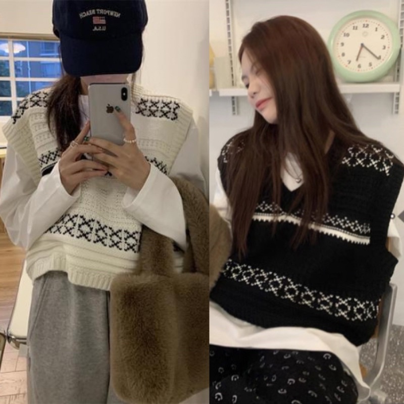 Áo gile nữ form rộng JEANIE, BST áo len gile tone màu trắng đen phong cách Ulzzang