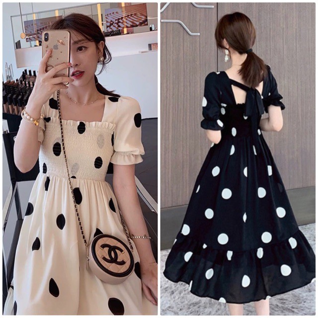 (Order) bigsize Đầm cổ vuông buộc nơ sau chun ngực dáng xoè hoạ tiết chấm bi - siêu xinh dự tiệc