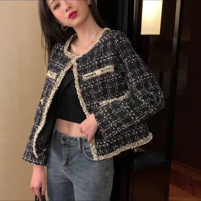 Áo khoác dạ nữ tweed áo khoác ngắn kẻ A21