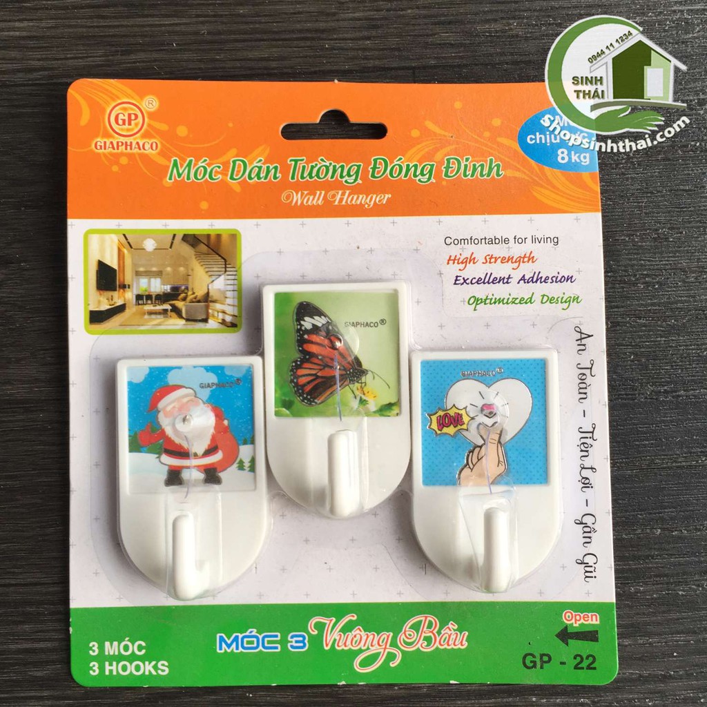 Vỉ 3 móc dán tường có đinh đóng