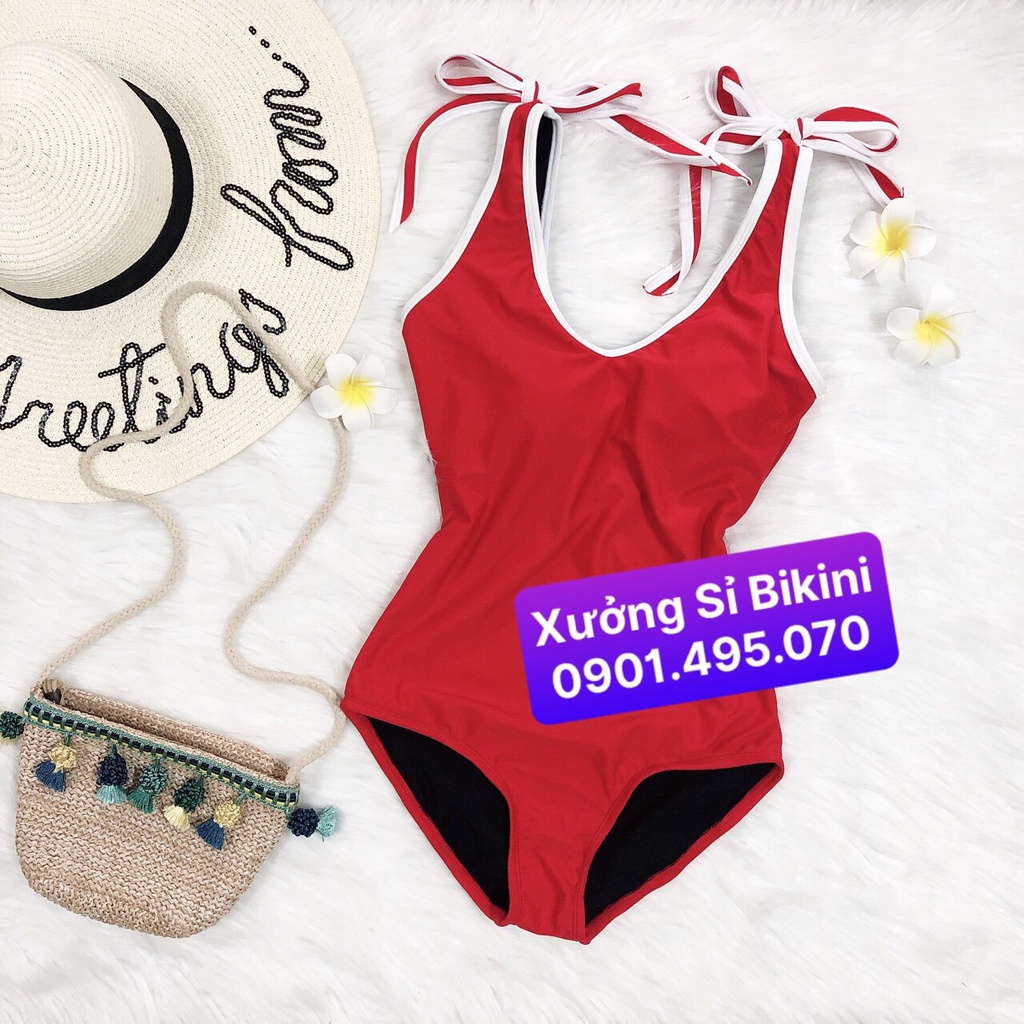Bikini 1 mảnh màu đỏ viền trắng nơ vai dễ thương (nhiều màu)