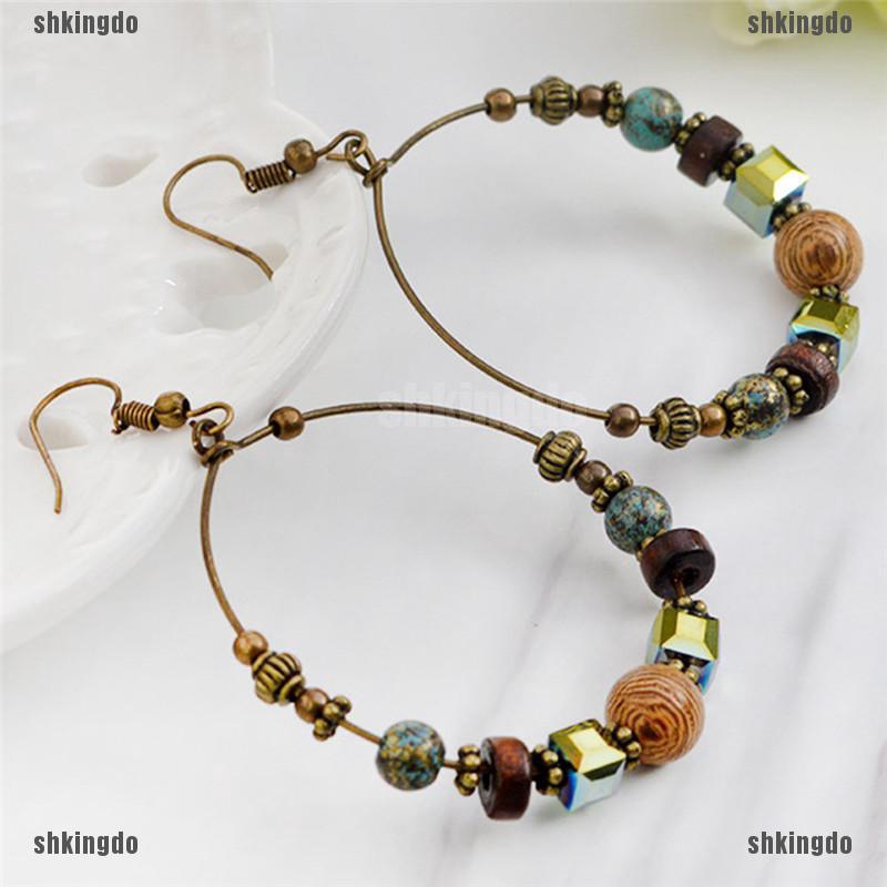 Khuyên tai tròn xỏ hạt phong cách boho cổ điển