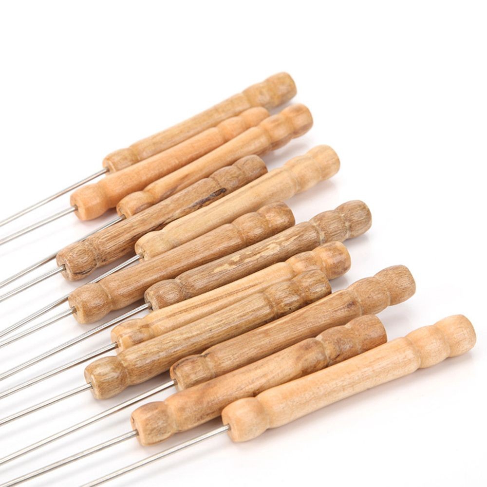 Set 12 cây xiên que thép không rỉ tay cầm gỗ nướng BBQ tiện dụng
