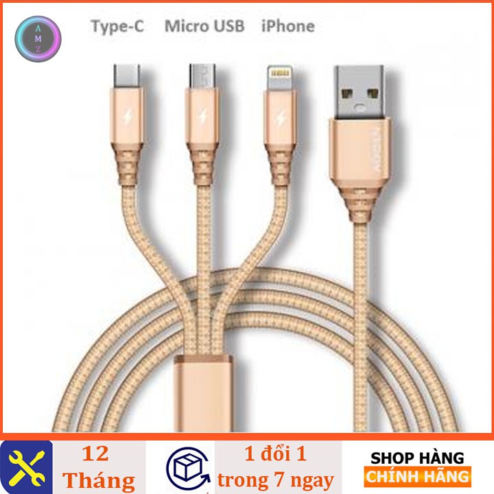 Dây 2.4A 3 Đầu Lightning Micro USB Type C, cáp sạc iphone, cáp sạc samsung, sáp sạc oppo, cáp sạc đa năng