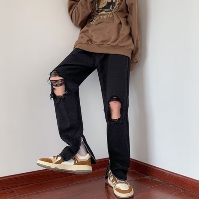 Quần Jean nam hàn quốc quần jean nam đen rách gối oversize quần jean nam cao cấp