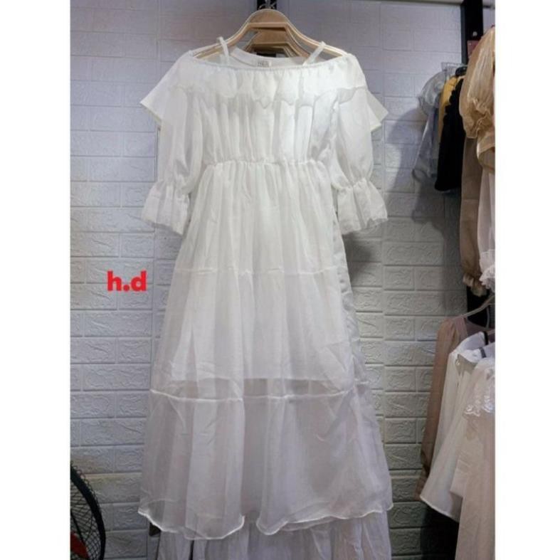 Váy trắng dự tiệc - Đầm trắng dài trễ vai công chúa hai lớp PM Đẹp ! *