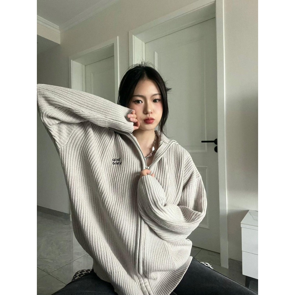 Áo Khoác Cardigan Dáng Rộng Cao Cấp Màu Xám Thuần Khiết Phong Cách Đường Phố Mỹ Cổ Điển Hợp Thời Trang Cho Nữ