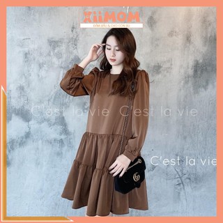 Váy bầu dài tay - đầm bầu suông xòe 2 tầng chất thô ướt freesize từ 45 đến 70kg BN21 - Xiimom