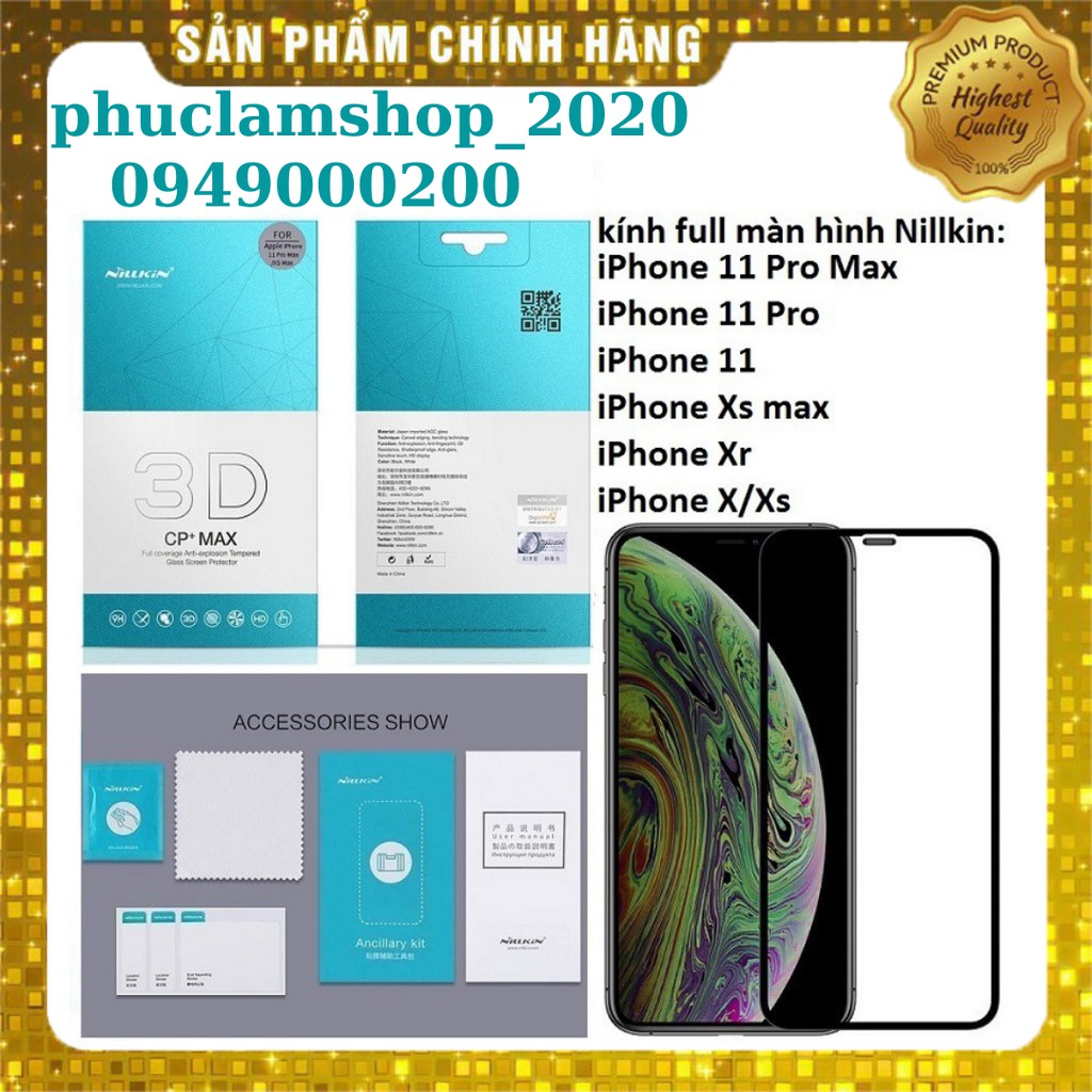 Kính cường lực Nillkin 3D CP+ MAX full cho iPhone 11 Pro Max/iPhone 11 Pro/iPhone 11/iPhone Xs Max/iPhone Xr/iPhone X/Xs