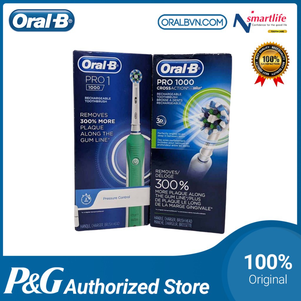 Bàn chải đánh răng điện tự động Oral B Pro 1000 màu hồng làm sạch răng, hạn chế viêm nướu kèm hộp và nắp đậy du lịch