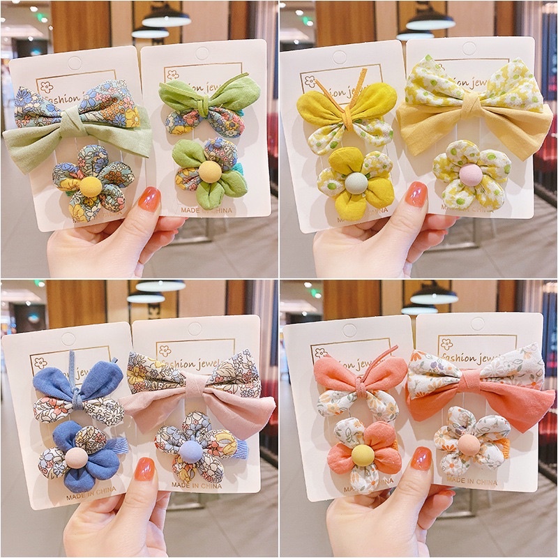 Set 2 chiếc kẹp tóc mái hình nơ, hình hoa dễ thương, phụ kiện tóc cho nữ phong cách Hàn Quốc