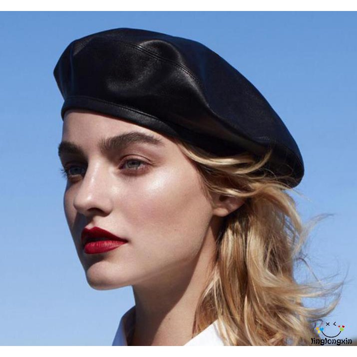 Mũ beret da mỏng tròn phối dây rút thời trang xuân thu cho nữ