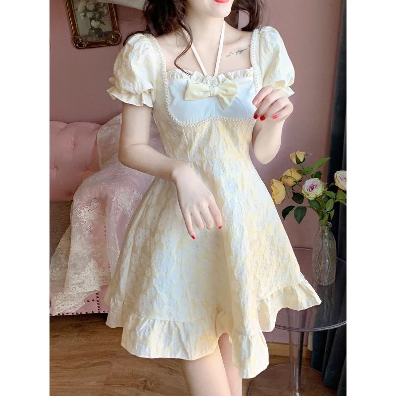 Váy babydoll tay phông Đầm Ngắn Ôm Eo Đính Nơ Dập Nổi Họa Tiết Ngọc Trai Phong Cách Nhật Bản Thời Trang Xuân Hè 2022 Mới