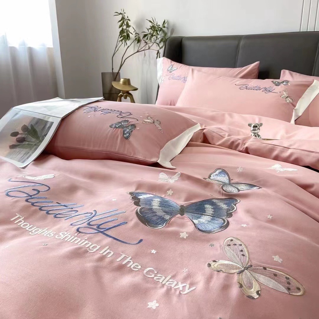Bộ vỏ chăn ga gối Cotton linen thế hệ mới🦋 BUTTERFLY🦋   cotton mềm mịn mát - bướm hồng