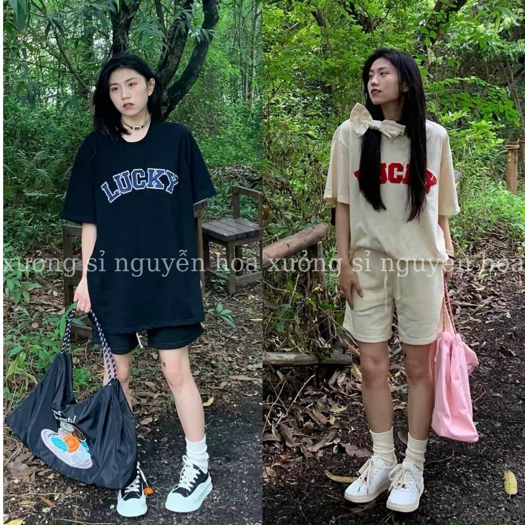 Sét bộ áo thun form rộng in chữ LUCKY kèm quần đùi dây rút 2 màu be đen phong cách hàn quốc xưởng sỉ nguyễn hoa
