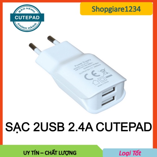 Cốc Sạc Điện Thoại 2 cổng USB CutePad (TX-P113) 5V/ 2.4A - Chính Hãng Cao Cấp