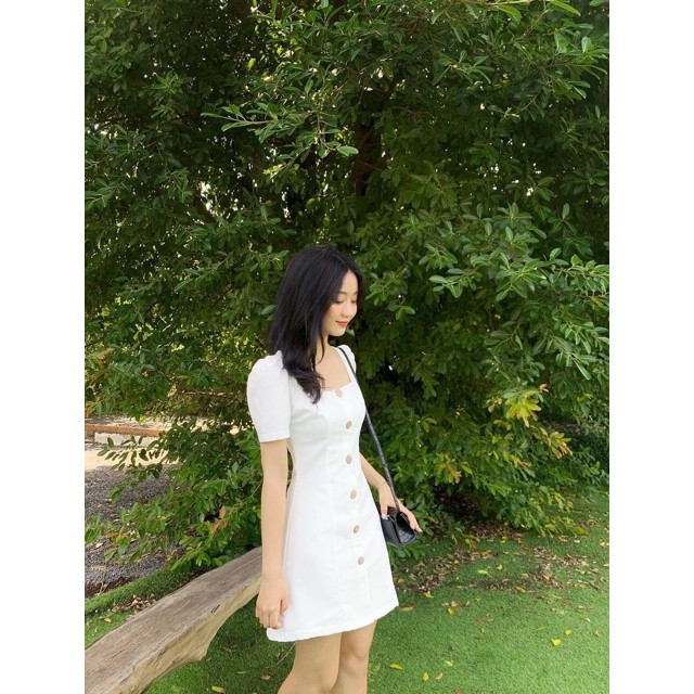 (Có ảnh thật) Đầm dáng xòe cổ U phối 6 nút hot trend Hàn Quốc, vải thun co giãn phù hợp mọi vóc dáng | BigBuy360 - bigbuy360.vn