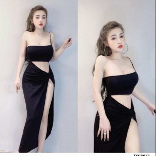 Đầm lệch vai hở ngực khoét eo xẻ tà sexy