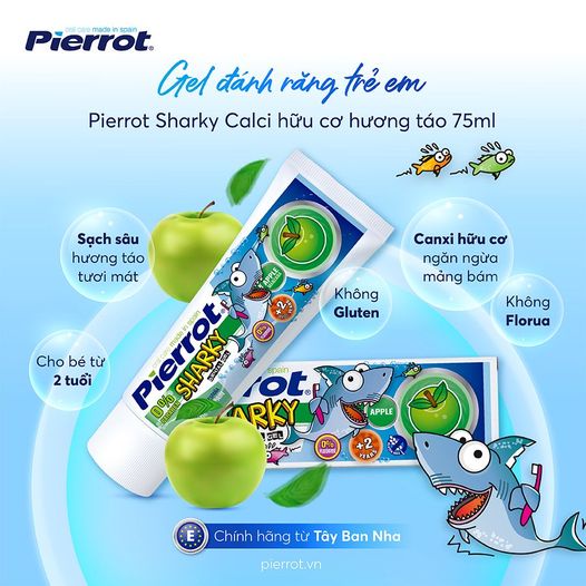 [Tặng cạo lưỡi] Gel đánh răng trẻ em Pierrot Sharky Calci hữu cơ hương táo 75ML