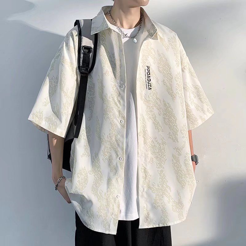 Áo Sơ Mi Tay Ngắn Dáng Rộng Phong Cách Hong Kong Cá Tính Cho Nam