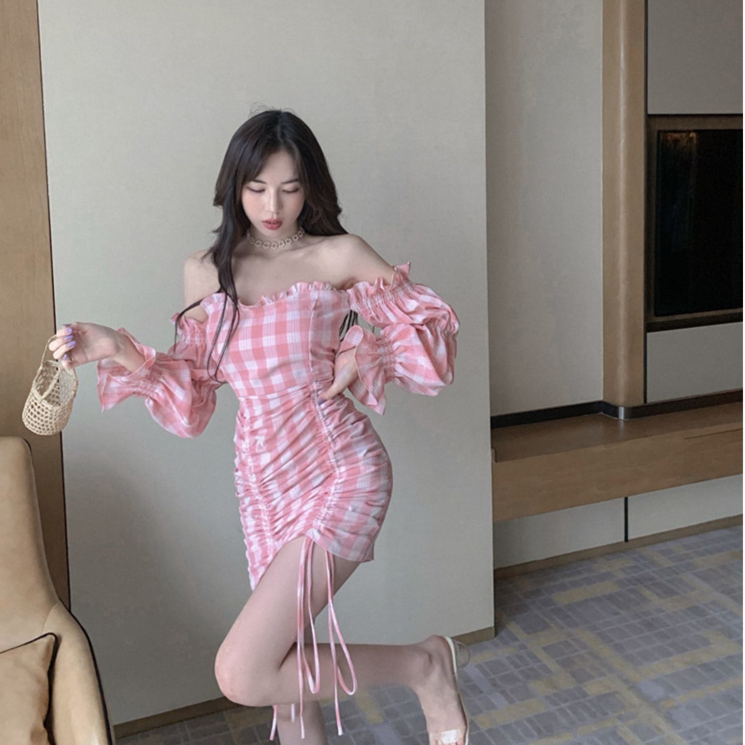 Đầm Caro Trễ Vai Xinh Xắn Dành Cho Nữ | BigBuy360 - bigbuy360.vn