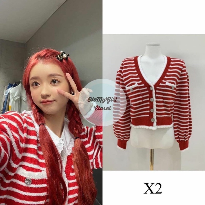 Áo cardigan đỏ dáng lửng tay phồng họa tiết kẻ giống YooA OH MY GIRL