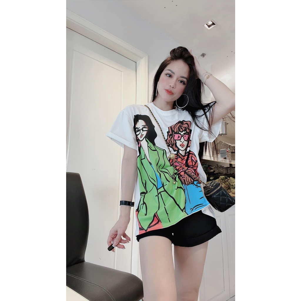 Áo thun cotton hình hai cô gái mẫu mới cực chất hai màu đen trắng  Áo thun hot 2022