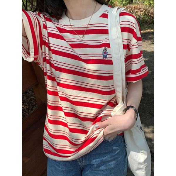 Áo phông áo thun nữ kẻ ngang thêu hình gấu phong cách Hàn Quốc