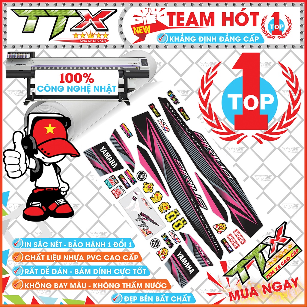 Tem rời sirius chỉ hồng , Team chế sirius dán xe màu đen hồng siêu đẹp , Shop TTX Tem xe sirius mã