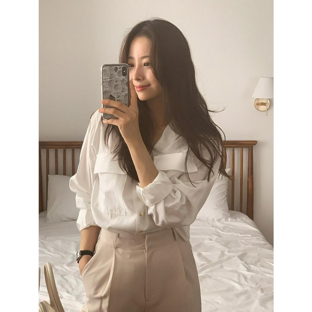 Áo Sơ Mi Dài Tay Cổ polo Phối Túi Đôi Kiểu Vintage Pháp Sành Điệu 55567